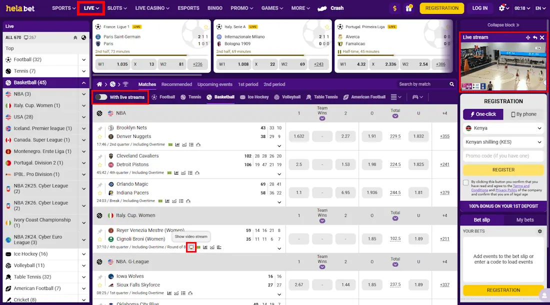 Helabet Basketball Live betting and Streaming Screenshot